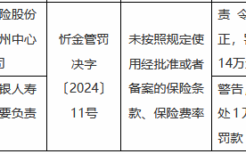 农银人寿忻州中心支公司被罚14万元：未按照规定使用经批准或者备案的保险条款、保险费率